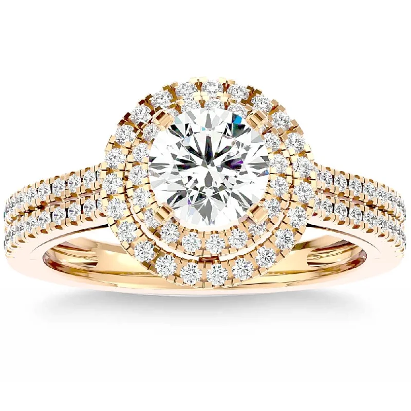 gold vermeil stacking ring -1 1/2Ct Moissanite & Diamond Double Halo Engagement Ring White Yellow Rose Gold