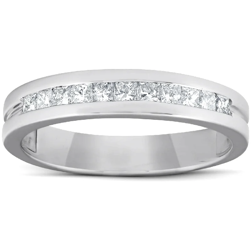 oval cut gemstone ring -1/2ct Princess Cut Diamond Mens Wedding Ring 14K White Gold