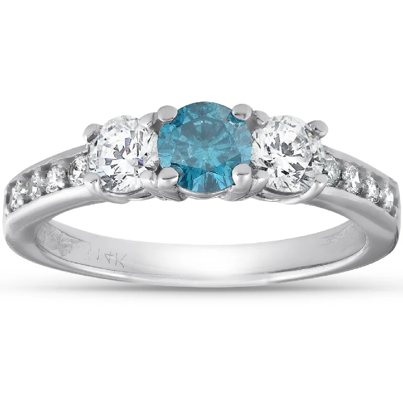 engraved couple matching rings -1 Carat Three Stone Blue & White Diamond Ring 14K White Gold