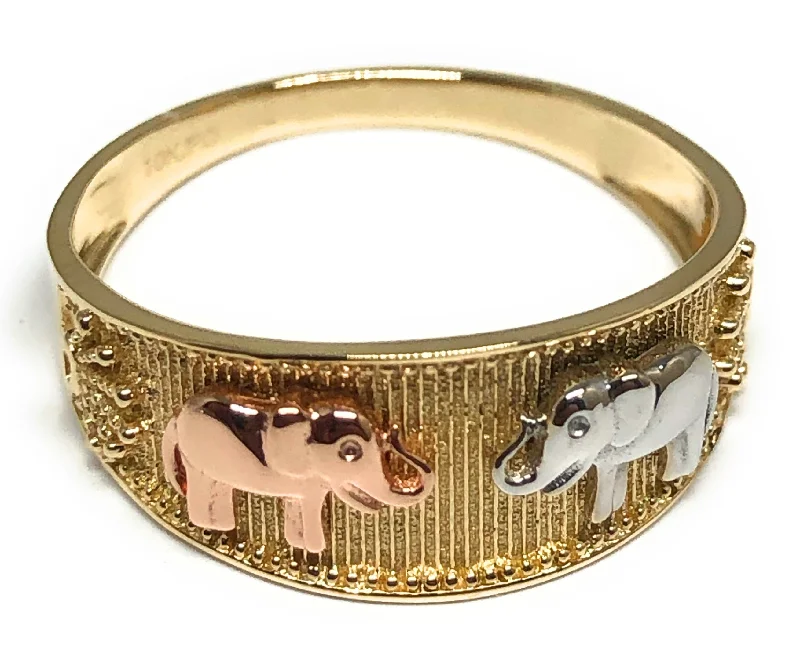 blue topaz cocktail ring -10k Solid Gold Tri-Color Elephant Ring (FC 88)