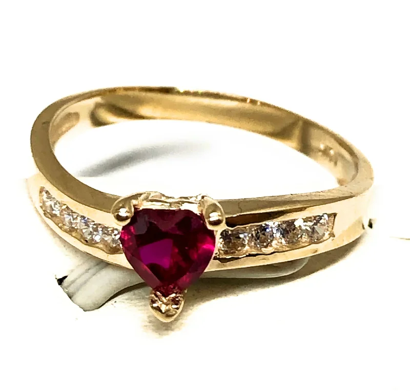 heart shaped promise ring -10k Solid Gold Yellow Gold Heart Red CZ Ring