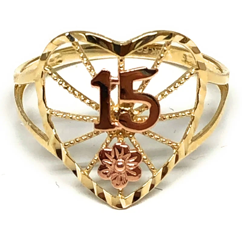 luxury designer ring -14k Solid Gold Yellow & Rose Gold 15 Años Heart Ring (FC 202)