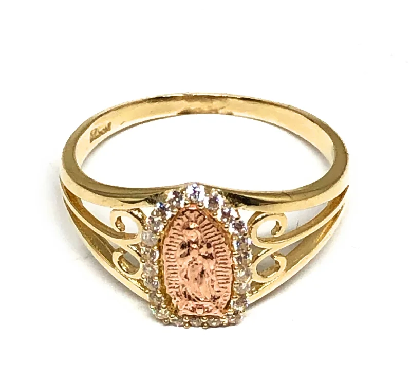 wedding band with diamonds -14k Solid Gold Yellow & Rose Gold Virrgin Mary CZ Ring