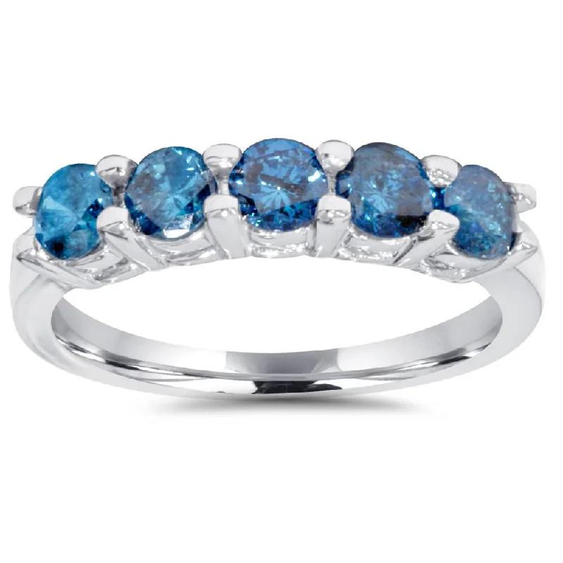 cubic zirconia halo ring -1ct Blue Diamond Wedding Five Stone Ring 14k White Gold