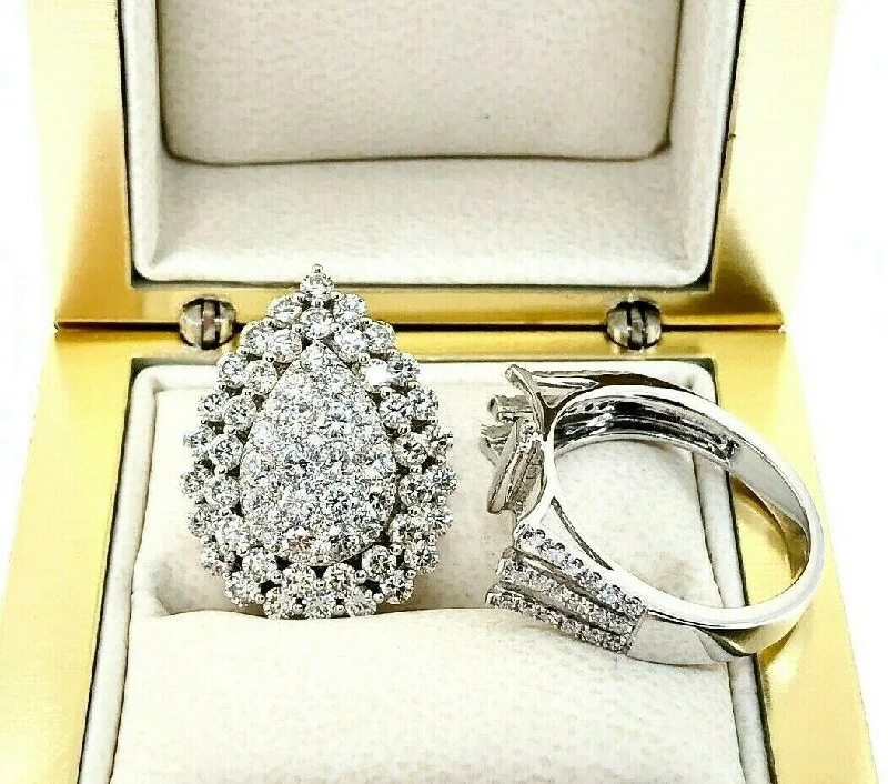 cubic zirconia halo ring -2.68 Carat t.w Large Pear Halo Diamond Pave Ring/Pendant Combo 18K White Gold