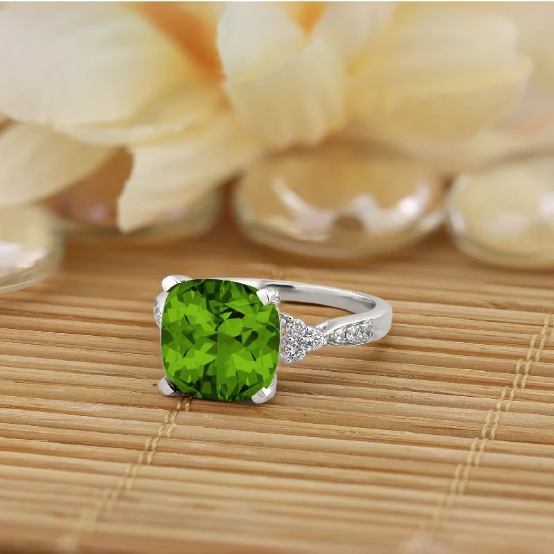 wide band silver ring -Auriya 1 1/5ct Fancy Cushion Peridot and Diamond Engagement Ring 1/4ctw 14k Gold