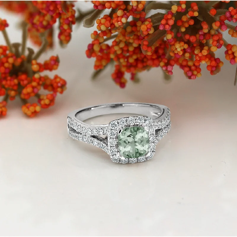 unique wave shape ring -Auriya 1/2ct Cushion-cut Green Amethyst Halo Diamond Engagement Ring 5/8ctw 14k Gold