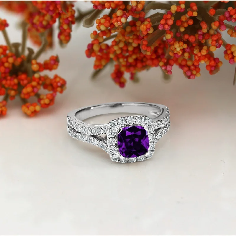 simple thin gold ring -Auriya 1/2ct Cushion-cut Purple Amethyst Halo Diamond Engagement Ring 5/8ctw 14k Gold