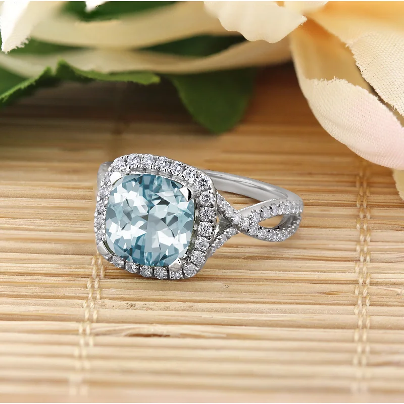 wood inlay ring for men -Auriya 1 7/8ct Cushion-cut Aquamarine and Halo Diamond Engagement Ring 1/2cttw 14k Gold