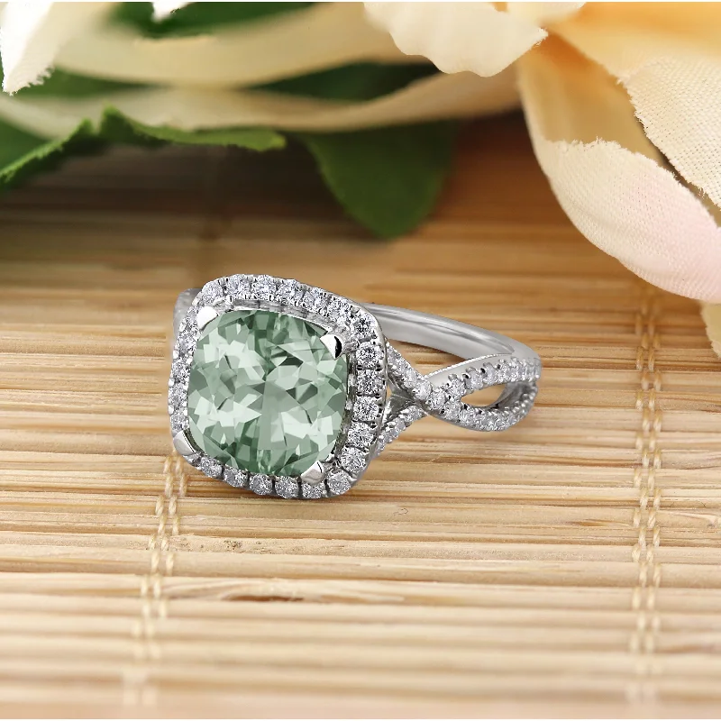 cluster diamond ring -Auriya 1 7/8ct Cushion-cut Green Amethyst and Halo Diamond Engagement Ring 1/2cttw 14k Gold