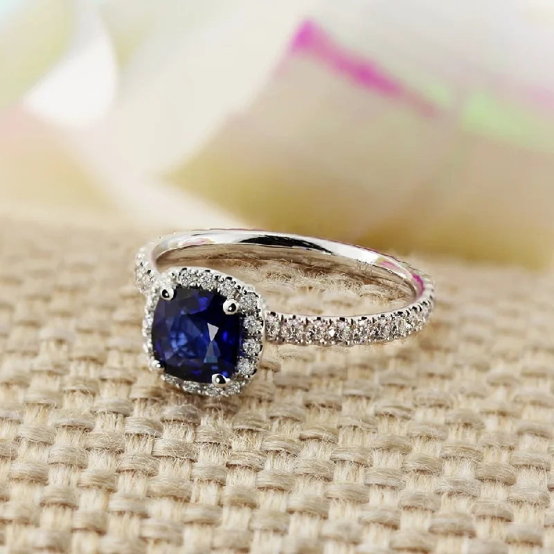 unique wave shape ring -Auriya 14k Gold 1ct Cushion-cut Blue Sapphire Halo Diamond Engagement Ring 1/2ctw