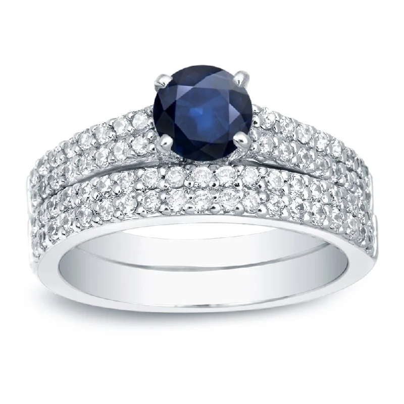 modern geometric ring -Auriya 14k Gold Round 3/4ct Sapphire and 3/4ctw Pave Diamond Engagement Ring Set