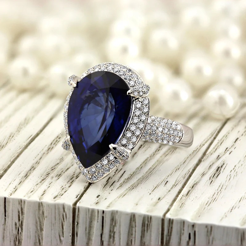 geometric art deco ring -Auriya 18k Gold 14ct Pear-cut Blue Sapphire and Diamond Engagement Ring 1.07ct TDW