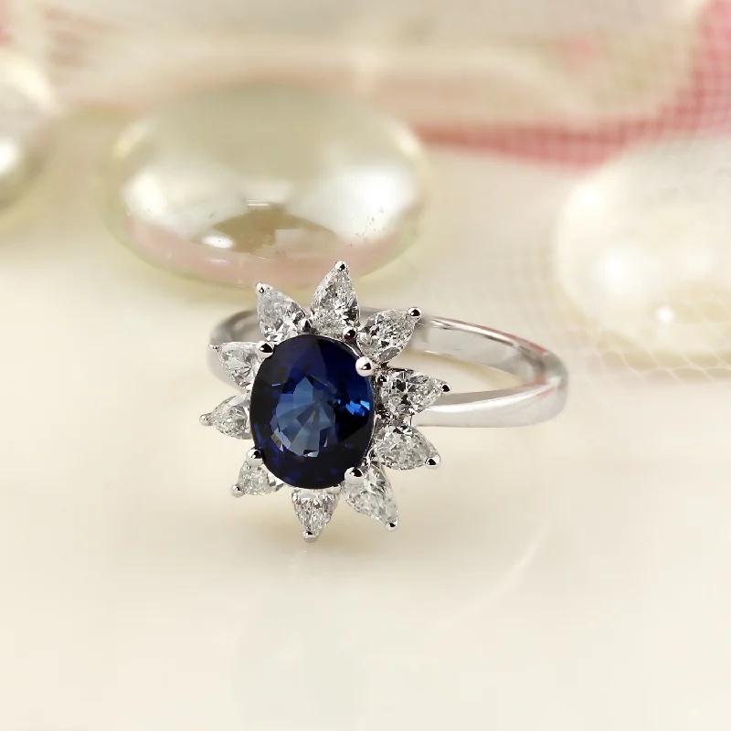 antique inspired wedding ring -Auriya 18k Gold 2 1/3ct Royal Blue Oval Sapphire and Halo Diamond Engagement Ring 7/8ct TDW