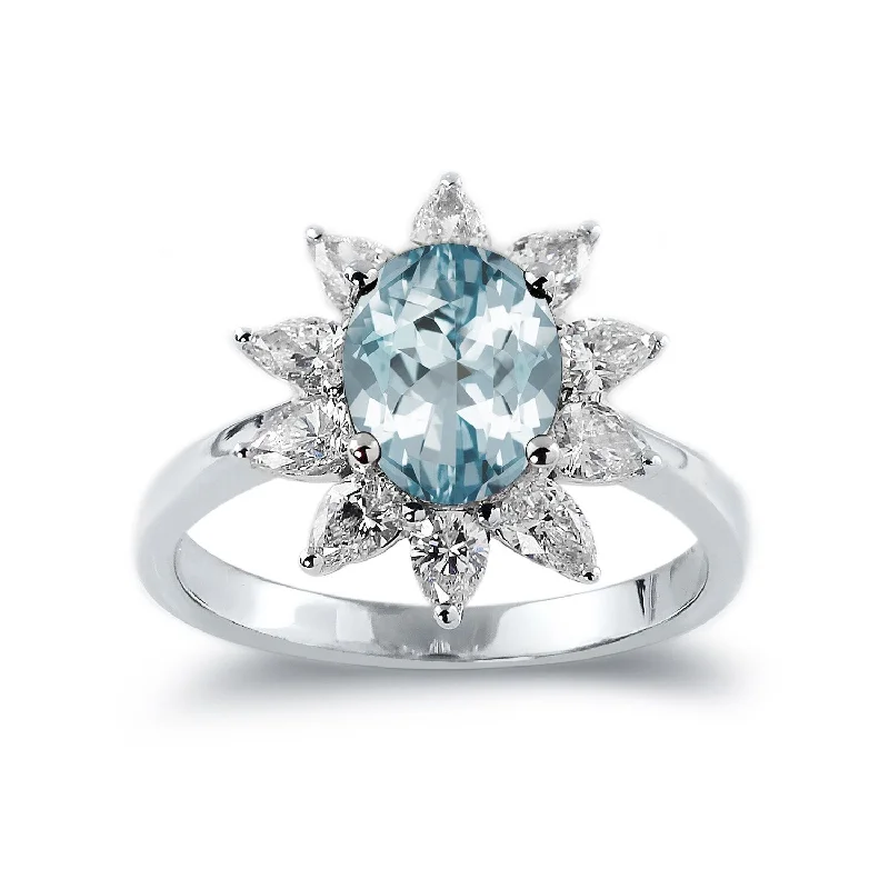 engraved name ring -Auriya 1ct Oval-cut Aquamarine Sunburst Halo Diamond Engagement Ring 3/4ctw 18K Gold