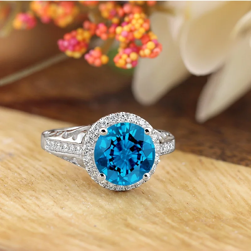 modern geometric ring -Auriya 2 5/8ct Fancy Round Swiss Blue Topaz and Halo Diamond Engagement Ring 1/5ctw 14k Gold