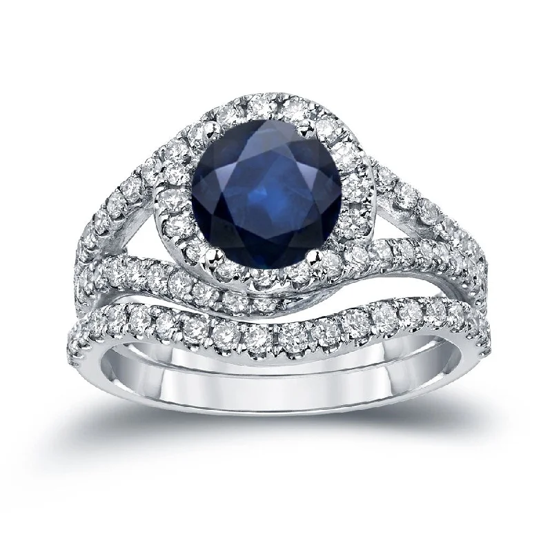 gold engagement ring -Auriya 7/8ct Blue Sapphire and 1ctw Halo Diamond Engagement Ring Set 14k Gold