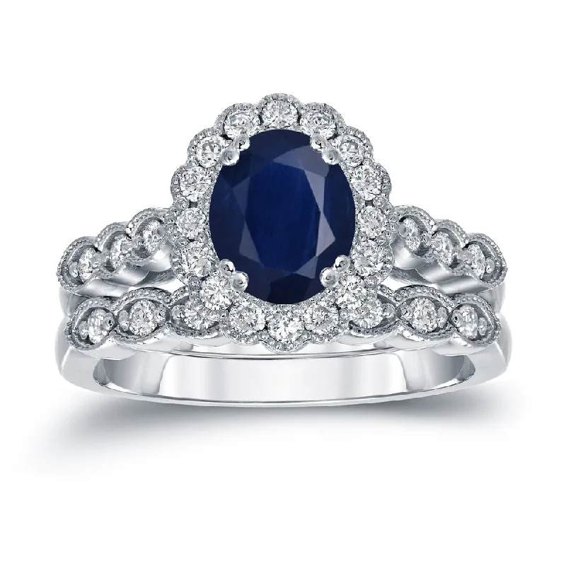 pearl ring for special occasions -Auriya Platinum 1 1/2ctw Oval Blue Sapphire & Diamond Engagement Ring Set 3/5ctw