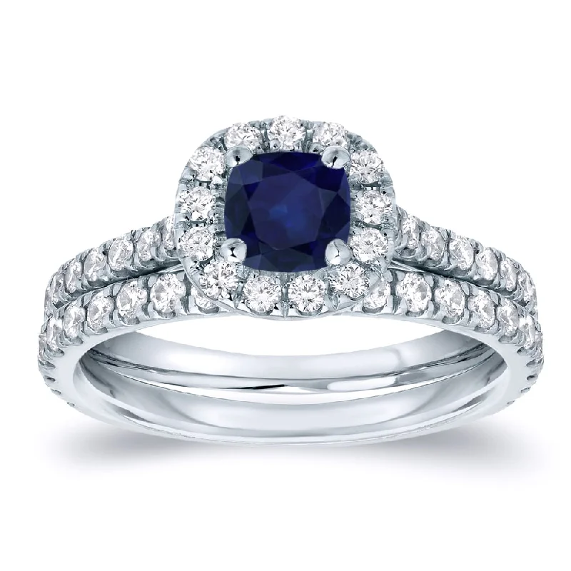 stackable rings for her -Auriya Platinum 2/5ct Blue Sapphire and 3/5ctw Halo Diamond Engagement Ring Set