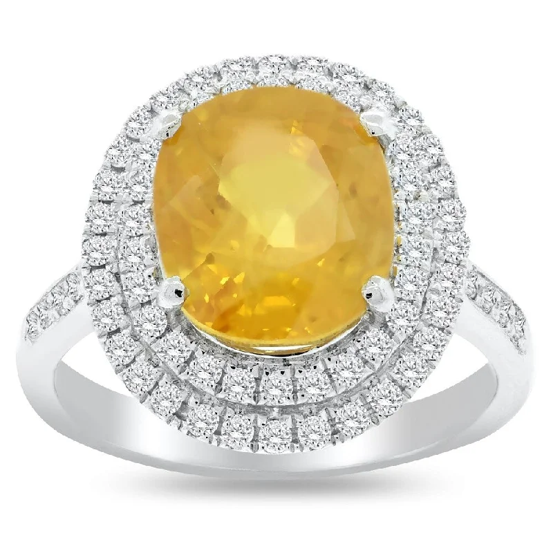 classic signet ring for men -Auriya Platinum 6 1/5ct Yellow Sapphire and 1/2ct TDW Round Diamonds Double Halo Engagement Ring