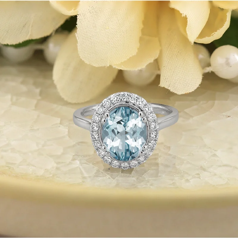 resin flower ring -Auriya Vintage 1 5/8ct Oval Aquamarine and Halo Diamond Engagement Ring 1/3ctw 14k Gold