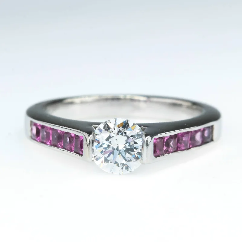 personalized monogram ring -GIA 0.56ct Round Diamond & Sapphire Accents Engagement Ring in 14K White Gold