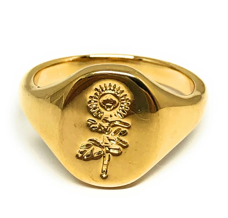 ruby anniversary ring -Gold Plated Classic Signet Sunflower Ring Anillo