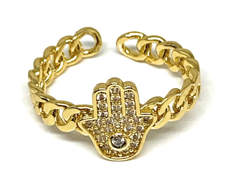 trendy knuckle ring -Gold Plated CZ Hamsa Hand Eye Adjustable Ring Anillo