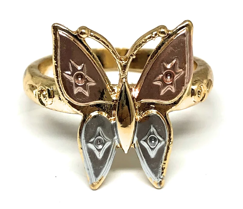 celestial moon and star ring -Gold Plated Tri-Color Butterfly Ring Anillo