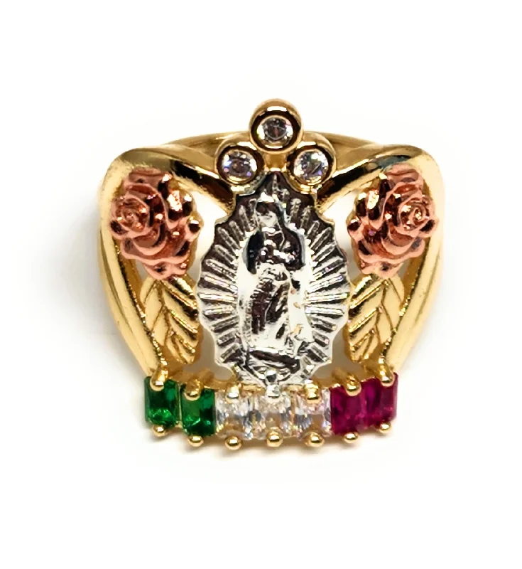 modern geometric ring -Gold Plated Tri-Color CROWN FLOWER Virgin Mary CZ Ring Virgen Guadalupe Anillo