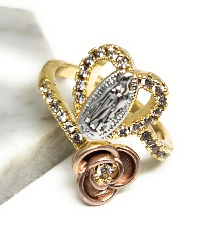 blue topaz cocktail ring -Gold Plated Tri-Color Virgin Mary HEART & FLOWER CZ Ring Virgen Guadalupe Anillo Adjustable