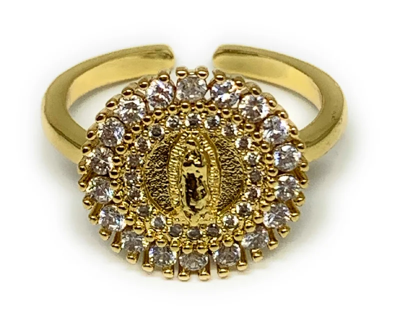 thick bold statement ring -Gold Plated Virgin Mary CZ Ring Virgen De Guadalupe Anillo Adjustable Sizes 6-12