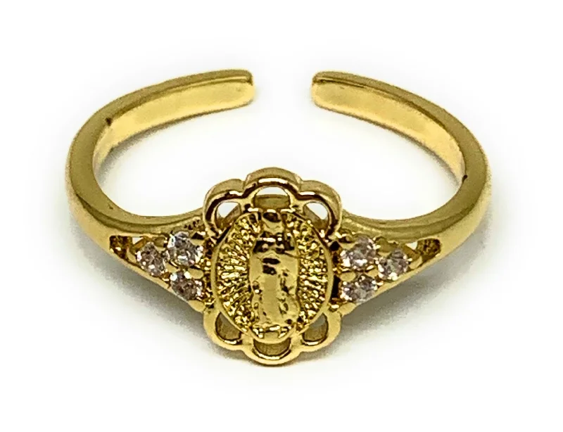 classic signet ring for men -Gold Plated Virgin Mary Dainty CZ Ring Virgen De Guadalupe Anillo Adjustable Sizes 6-12