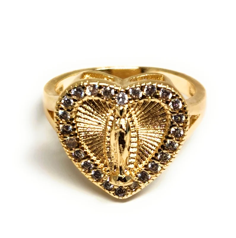 braided rope design ring -Gold Plated Virgin Mary Heart CZ Ring Virgen Guadalupe Anillo Corazón