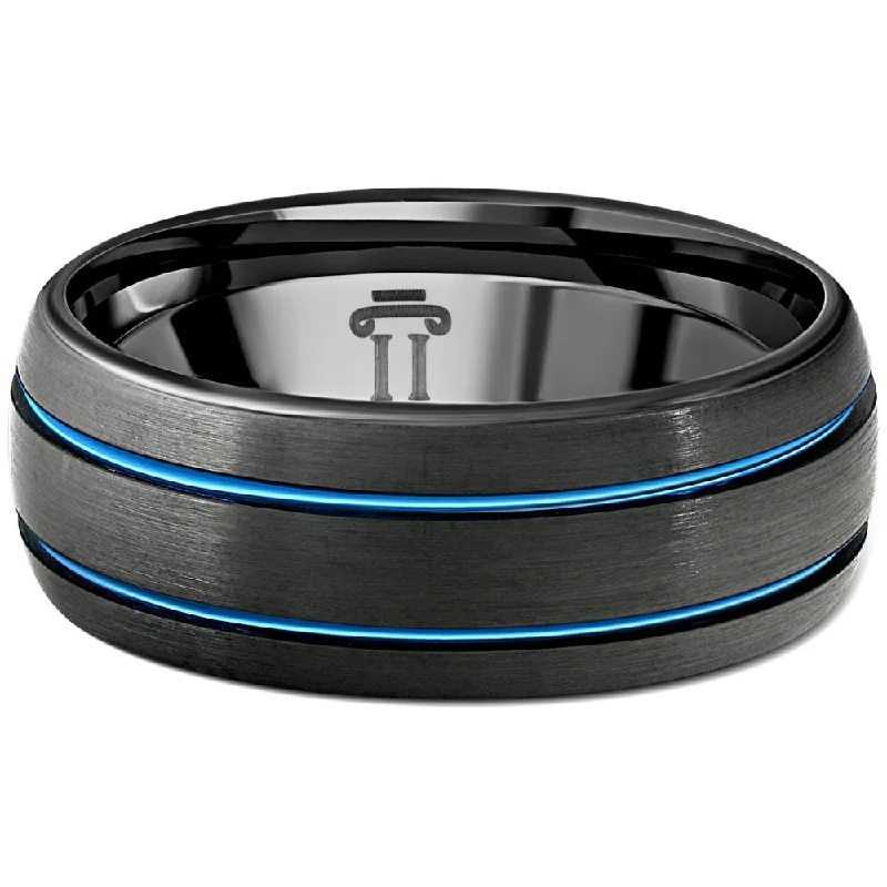 thick bold statement ring -Men's Black & Blue Two Line Tungsten Ring Brushed Ring 8mm Wedding Band