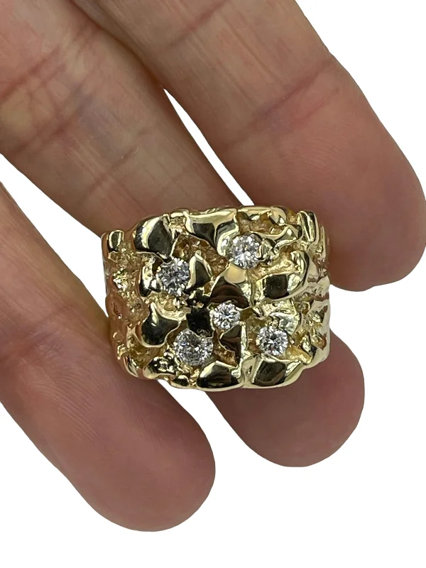 tribal silver band ring -Nugget Round Brilliant Diamond Ring Yellow Gold 14kt