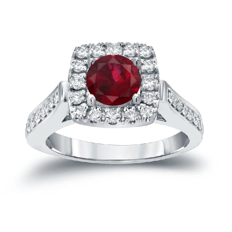 diamond wedding band -Round 1/5ct Red Ruby and 1/2ct TDW Diamond Halo Engagement Ring in 14k Gold by Auriya