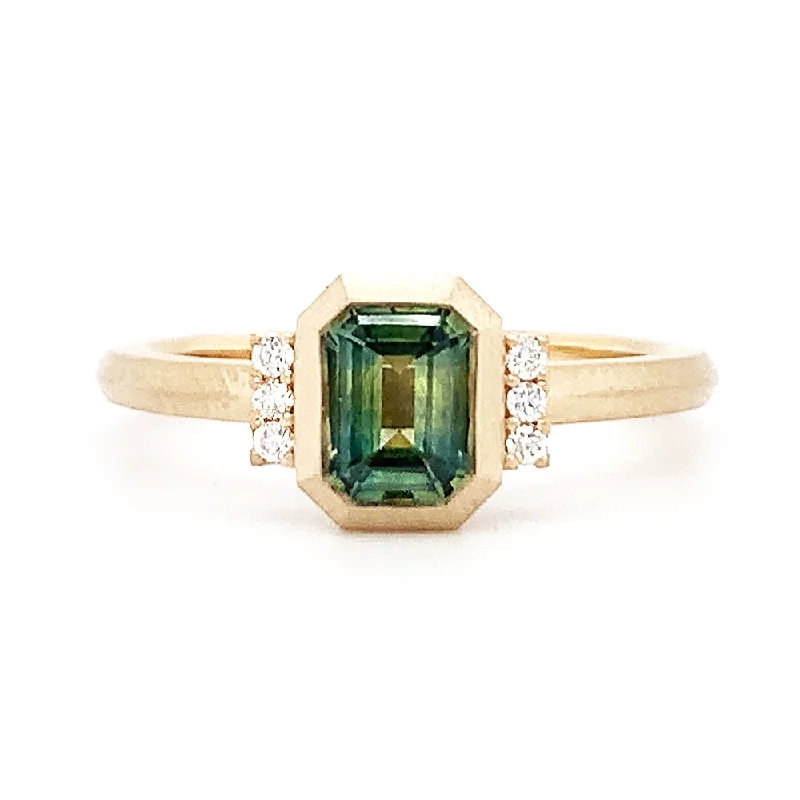 tribal silver band ring -Teal Emerald-Cut Montana Sapphire Engagement Ring - "Adelaide"