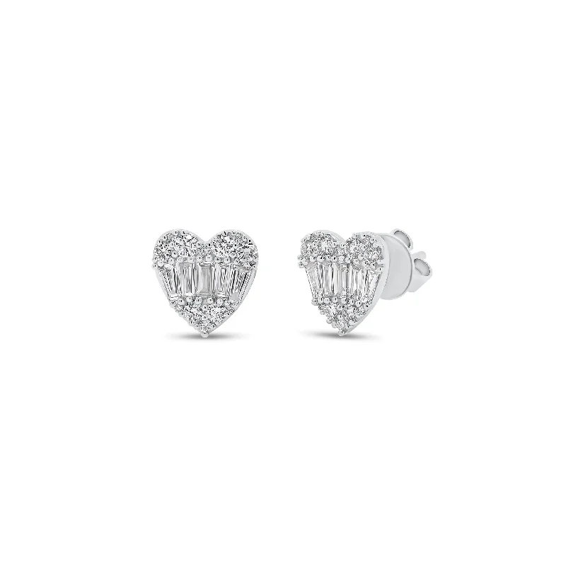 sterling silver drop earrings -Round & Baguette Diamond Heart Stud Earrings