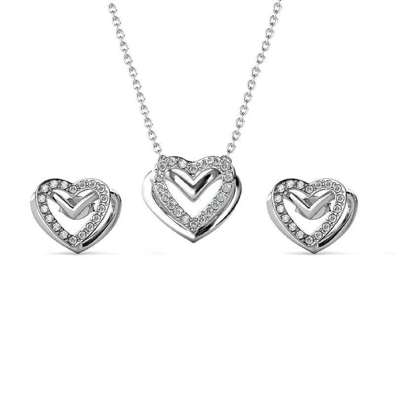 long chain drop earrings -Cathy 18k White Gold Heart Necklace and Stud Earrings Jewelry Set with Crystals