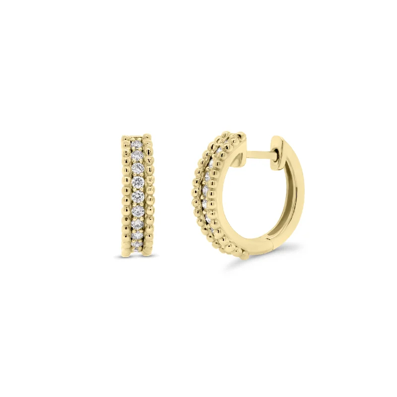 gold stud earrings for men -Diamond & Beaded Three-Row Gold Huggie Earrings