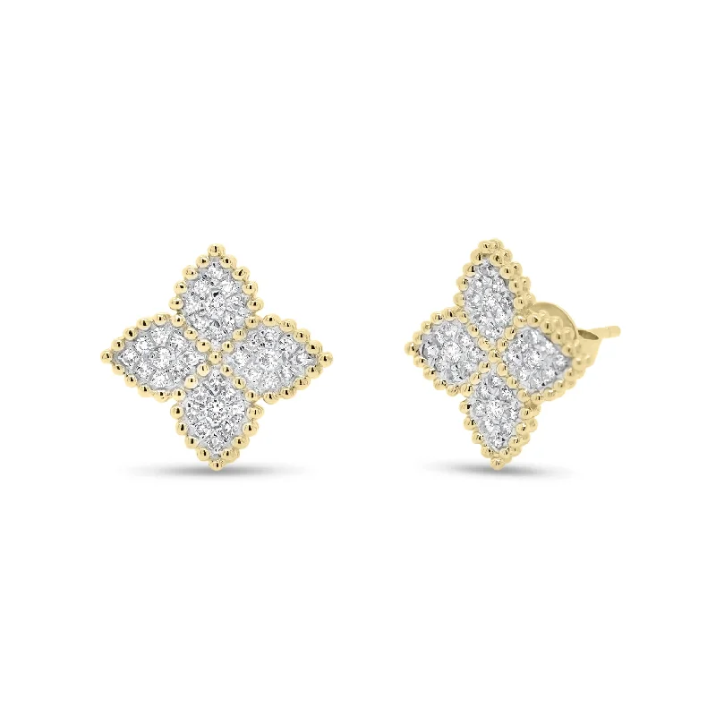 birthstone stud earrings -Diamond Flower Stud Earrings with Beaded Gold