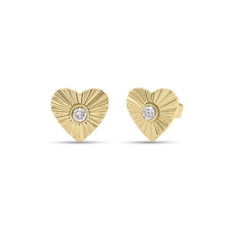 animal print earrings -Diamond & Gold Ridged Heart Stud Earrings