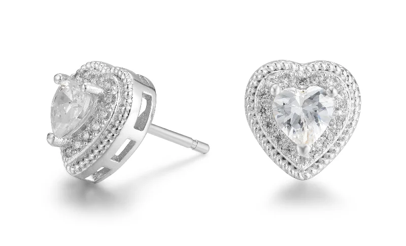 crystal stud earrings for brides -Donna 18k White Gold Plated Silver Heart Stud Earrings with Simulated Diamond Crystals