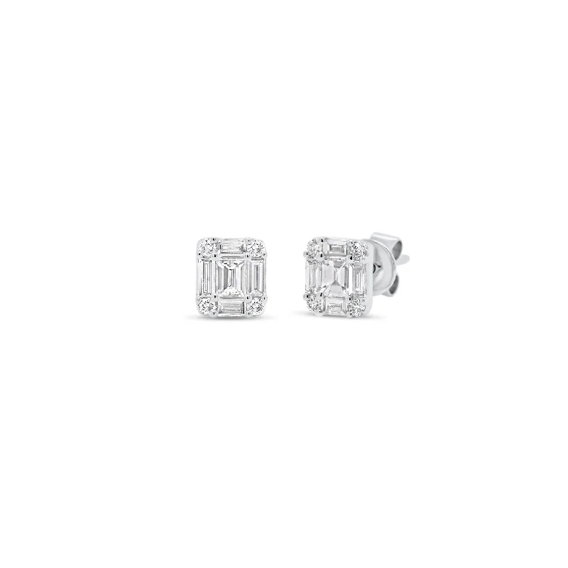 silver ear jackets -Illusion Emerald-Cut Diamond Small Stud Earrings