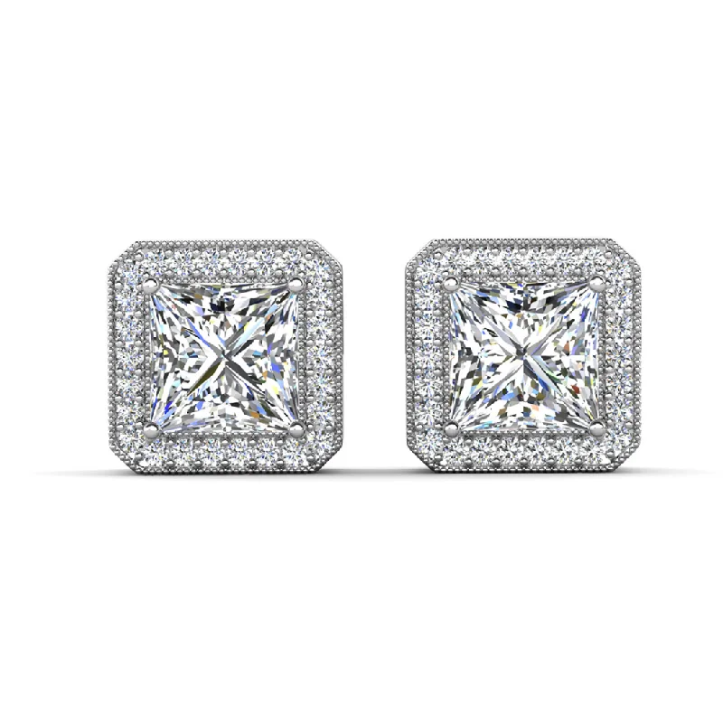 sleek silver threader earrings -Londyn 18k White Gold Plated Princess Cut Halo Stud Earrings with Simulated Diamond Crystals