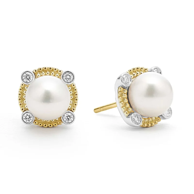 gold stud earrings for women -Luna Pearl Diamond Stud Earrings