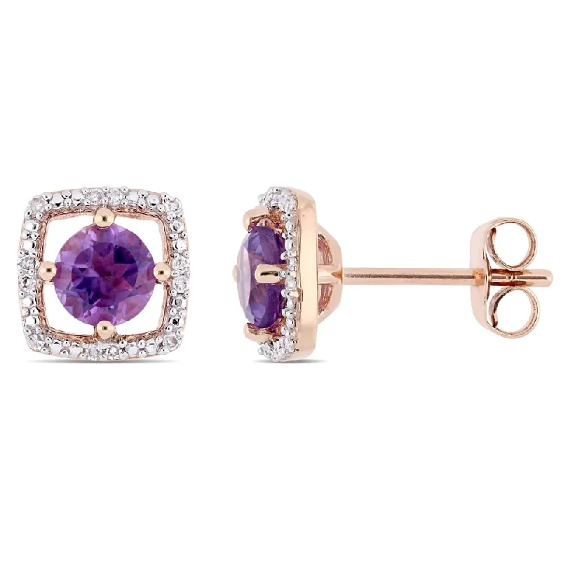 art deco style earrings -Miadora 10k Rose Gold Amethyst and Diamond Accent Floating Square Halo Stud Earrings