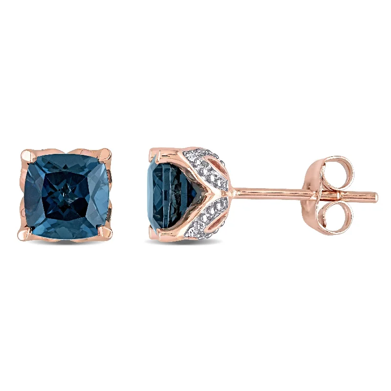 diamond drop earrings -Miadora 10k Rose Gold Cushion London-Blue Topaz and Diamond Accent Solitaire Stud Earrings - 6.7 mm x 6.7 mm x 6.1 mm