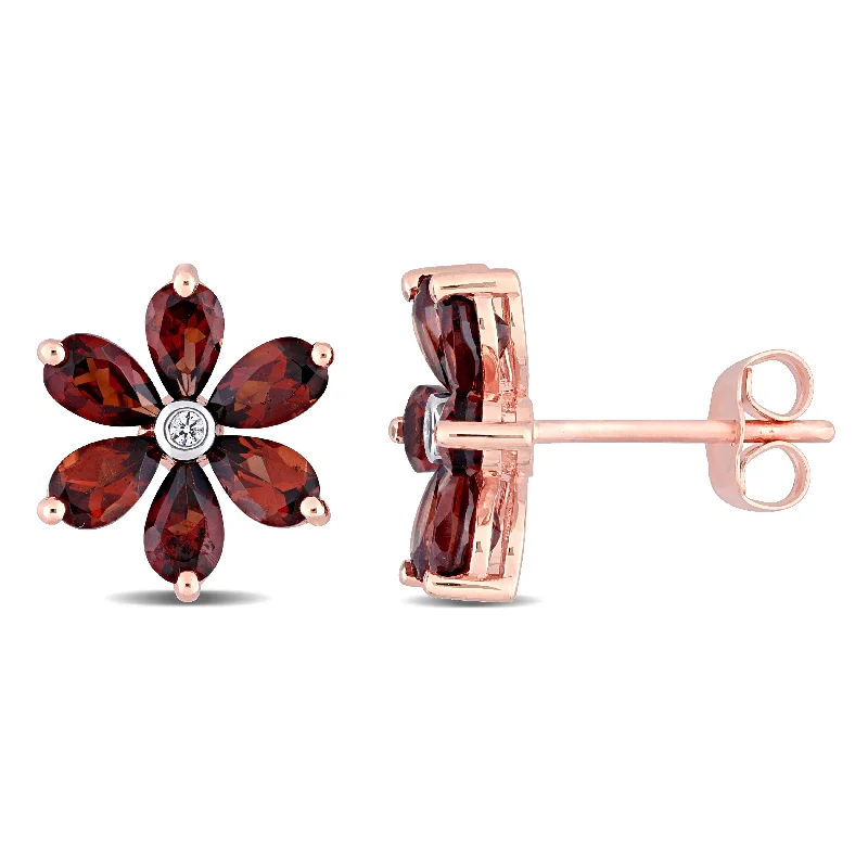 cubic zirconia dangle earrings -Miadora 10k Rose Gold Pear-cut Garnet and Diamond Accent Floral Stud Earrings